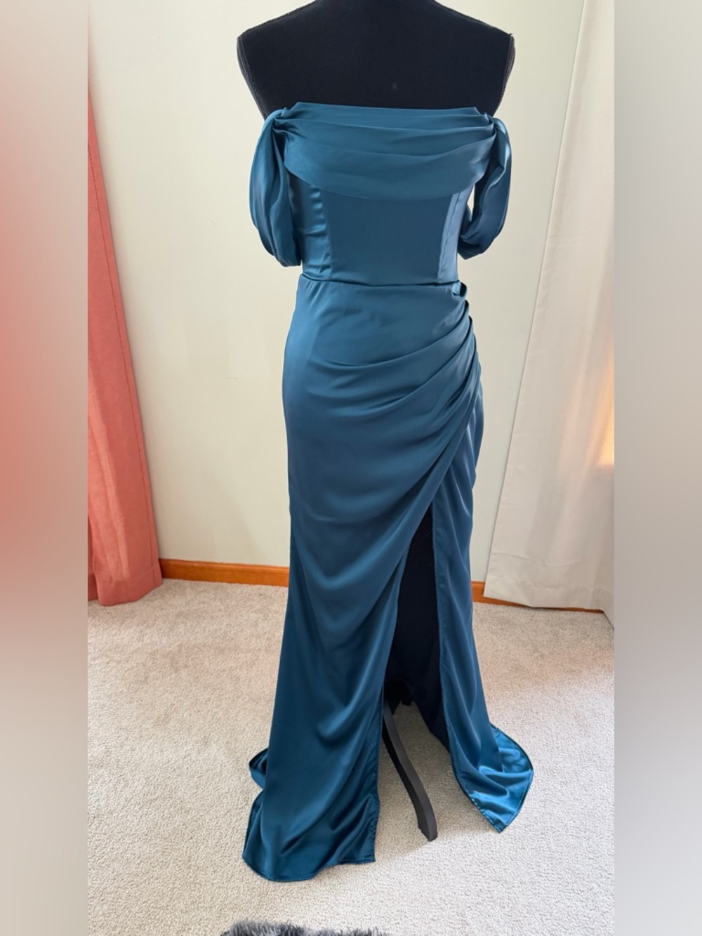 NWT Satin Dark Teal Off-Shoulder Front Leg Slit Formal Prom Dress Small - Picture 6 of 14